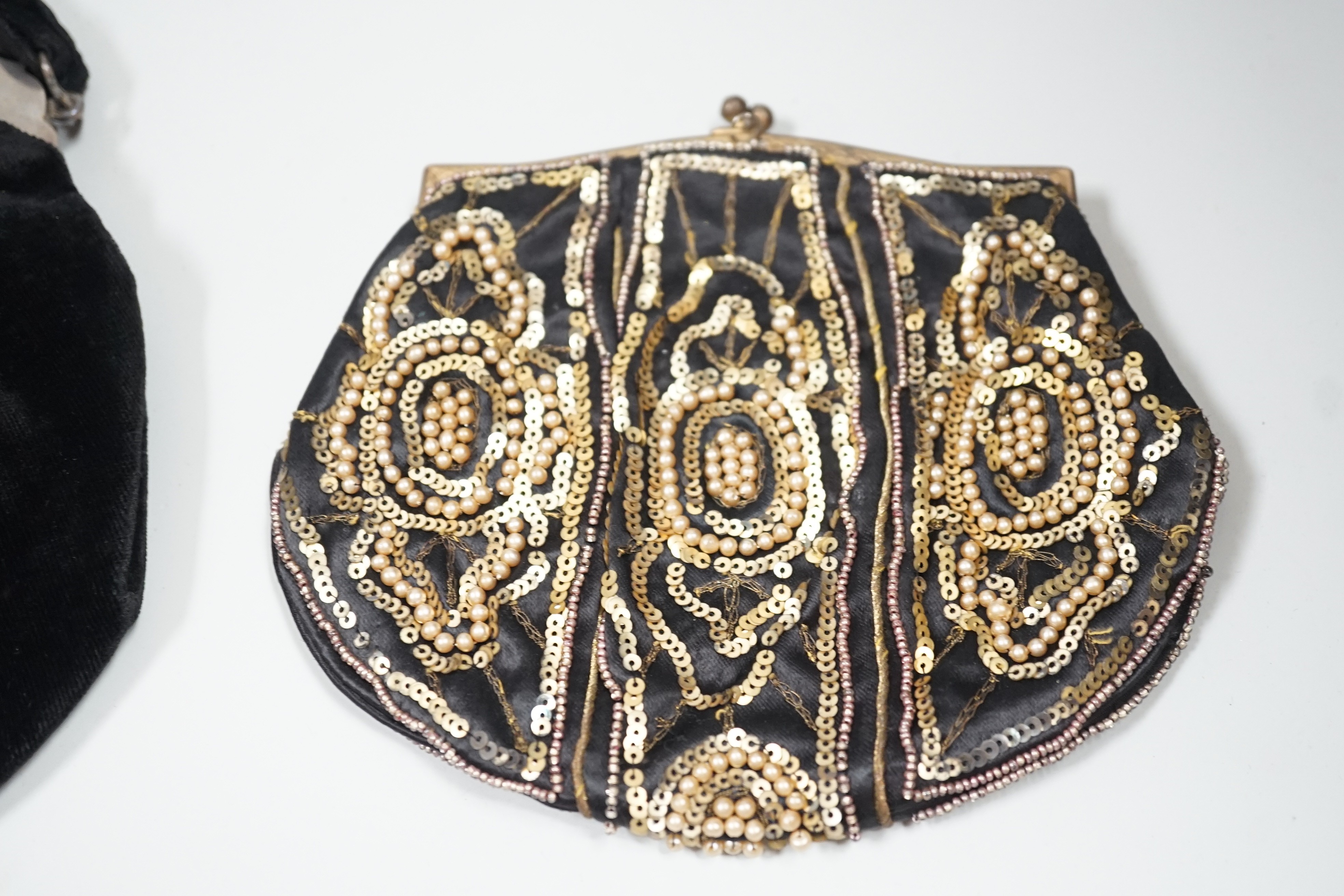 A 1930’s evening bag with silver frame, seven 1930’s-40’s evening bags with diamante encrusted Bakelite frames and clasps, a costume jewelled bag and two gilt and sequin bags